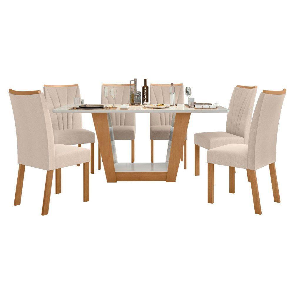 Conjunto Mesa Apogeu 170cm Tampo Mdf/vidro 6 Cadeiras Apogeu Amendoa/off/linho Bege - 1