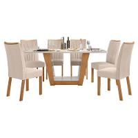 Conjunto Mesa Apogeu 170cm Tampo Mdf/vidro 6 Cadeiras Apogeu Amendoa/off/linho Bege - 1