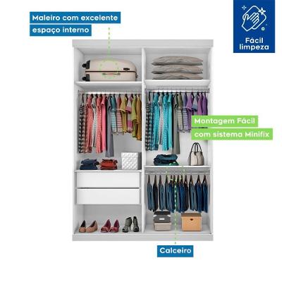 Guarda Roupa Solteiro Lila Branco 2 Portas de Correr 2 Gavetas MDP com Espelho Minastex