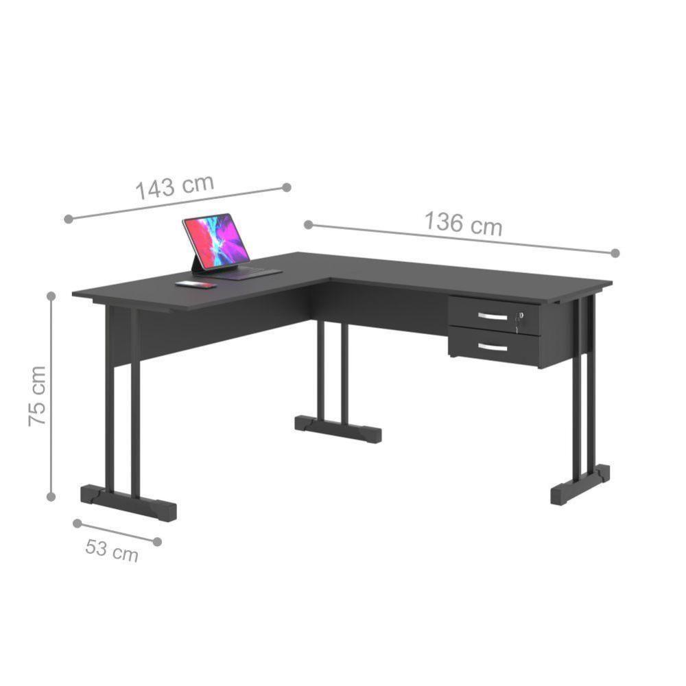Mesa Em L Com 2 Gavetas Rael Preto Onix - 2