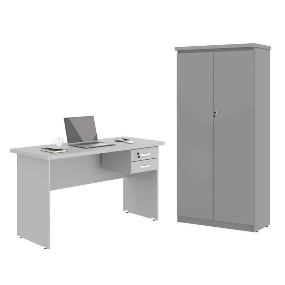Mesa De Escritorio Com Armário 2 Portas Pampulha Cinza - 1