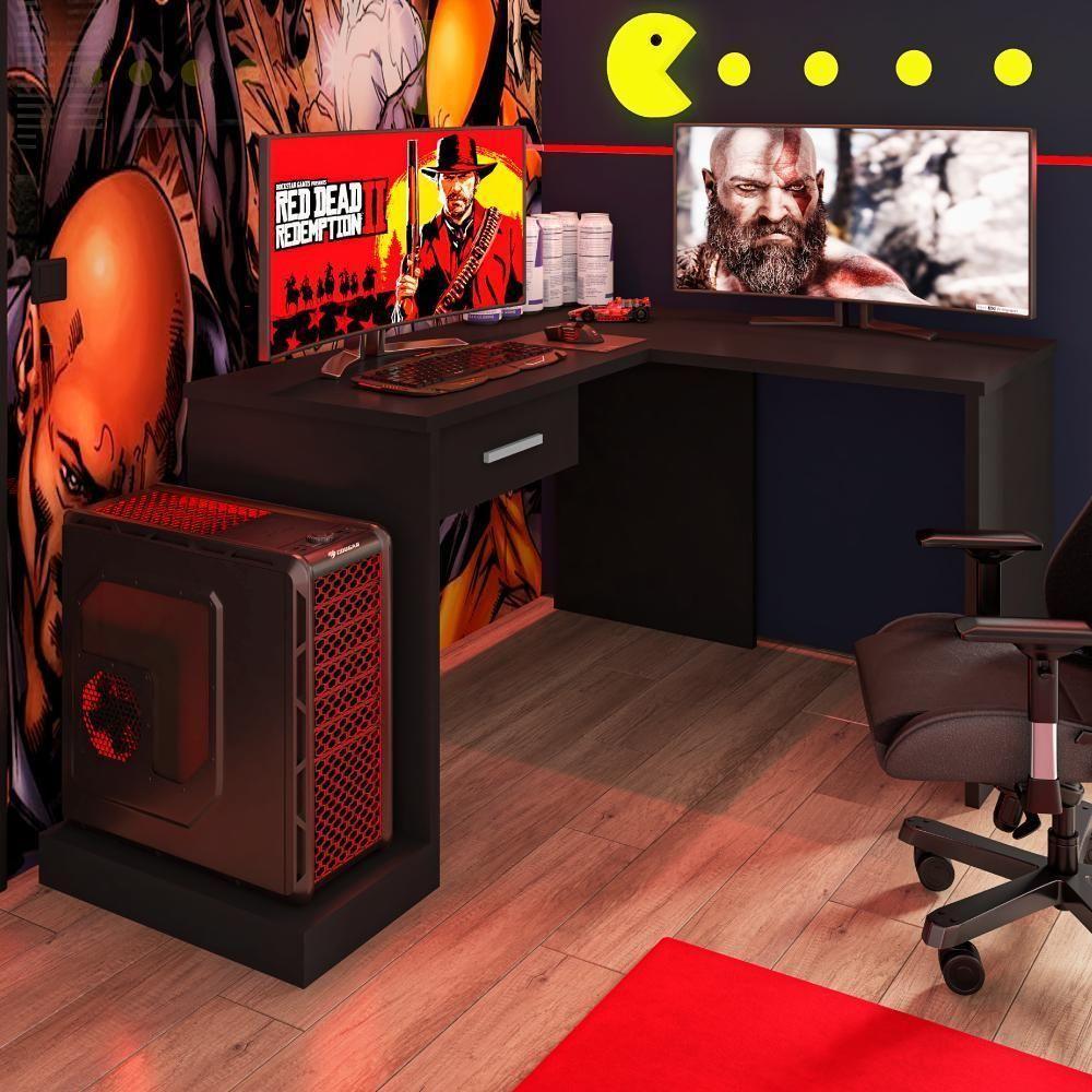 Mesa Em L Com Gaveta Adrianus Preto - 1