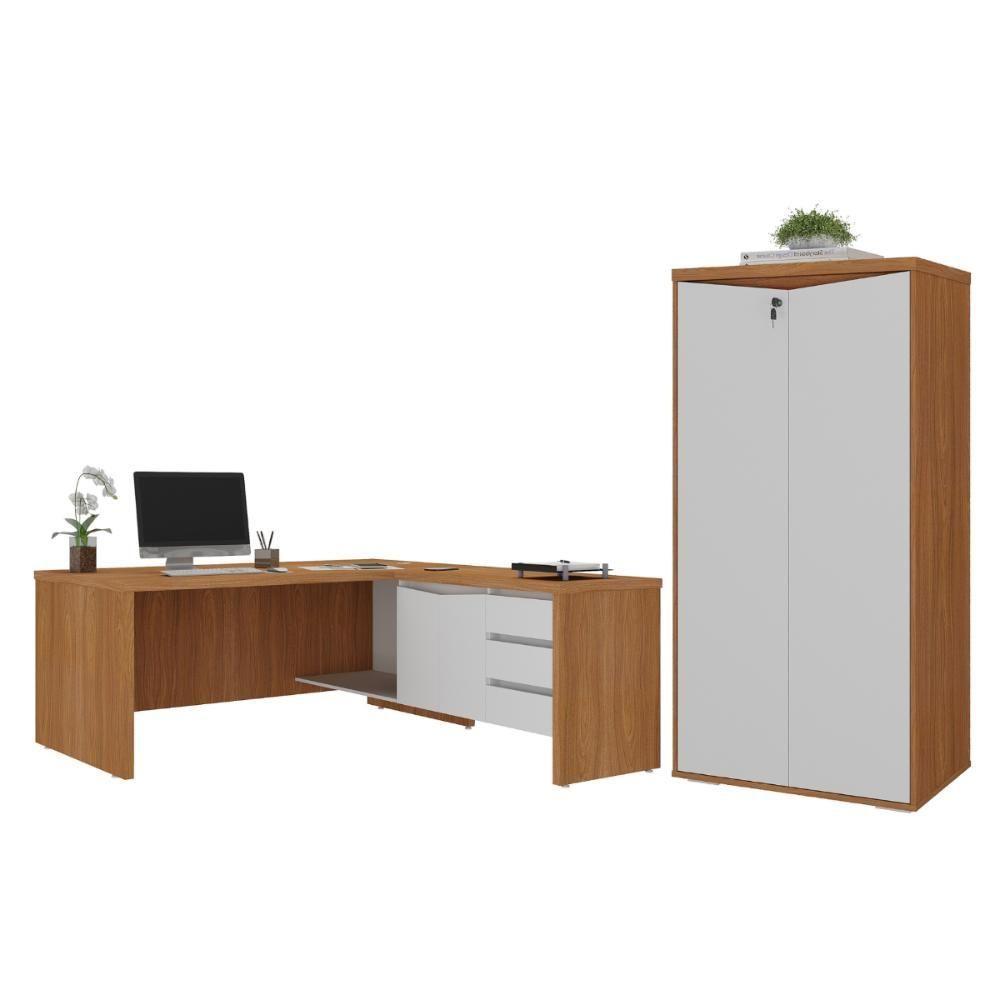 Mesa Em L Com Armário 2 Portas Manaus Freijó Branco - 1