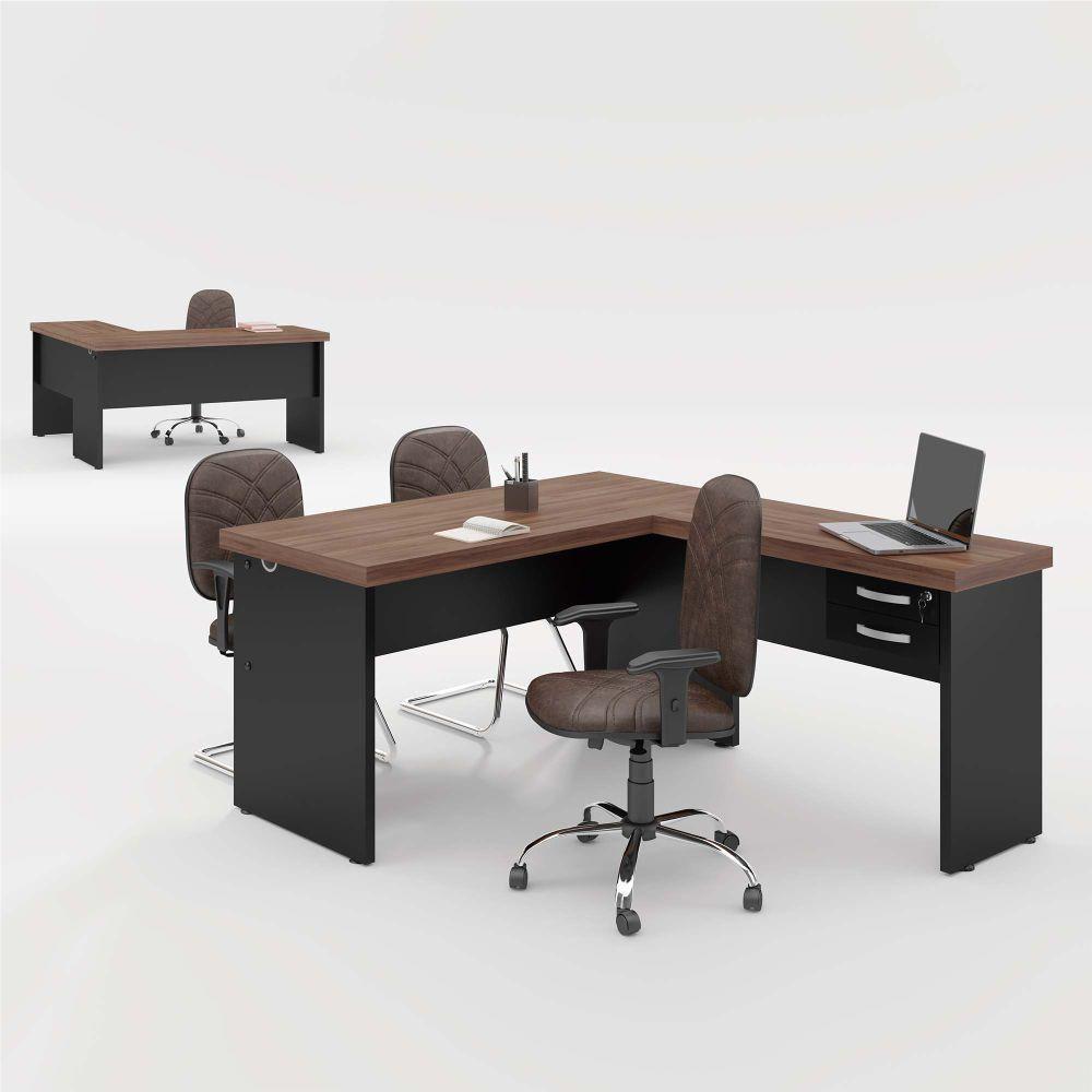 Mesa Em L 2 Gavetas Studio Noce Preto - 1