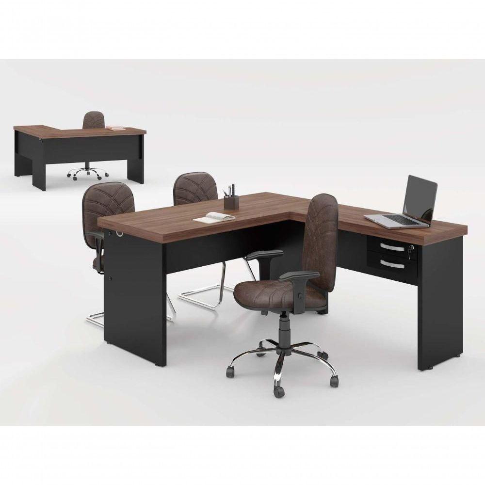 Mesa Em L 2 Gavetas Studio Noce Preto - 4