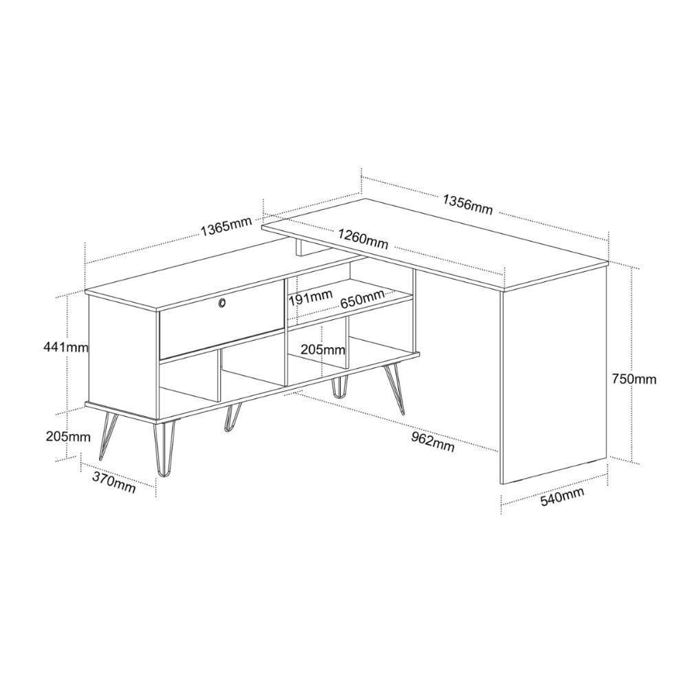Mesa Em L Com 1 Porta Basculante Londres Carvalho Branco - 3