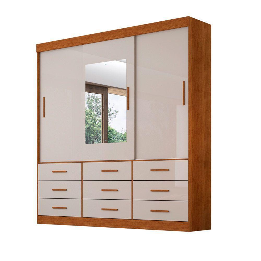 Guarda Roupa Casal Com Espelho 3 Portas 9 Gavetas New Star Sallêto Móveis Cinamomo Com Off White - 5