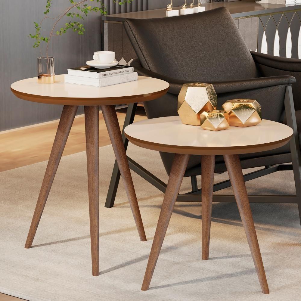Conjunto Mesa Lateral E Apoio Sala De Estar Off White Freijó - 1