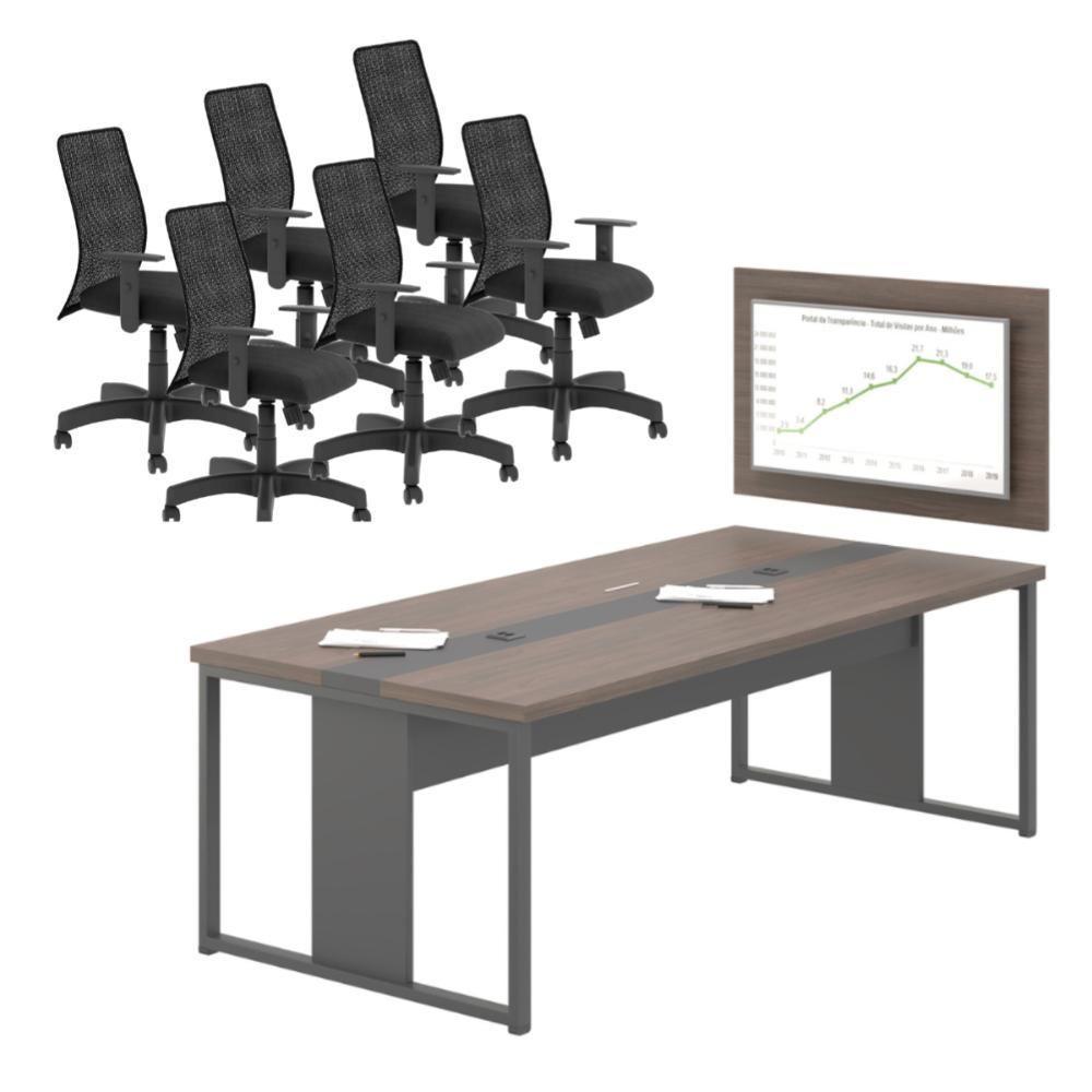 Jogo Mesa Com Painel E Cadeiras De Escritório Freijó Preto - 1