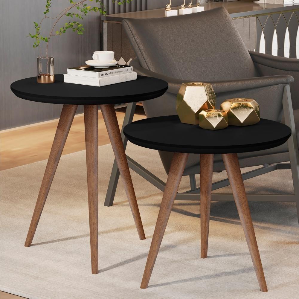 Conjunto Mesa Lateral Sofá Sala Pés Palito Preto Fosco - 1