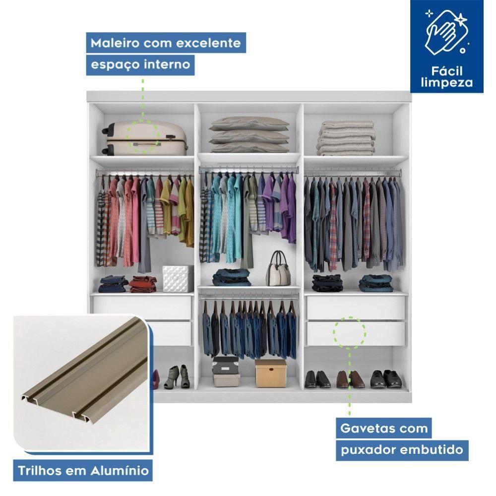 Guarda Roupa Casal Barcelona Branco 3 Portas De Correr 4 Gavetas E 3 Espelhos Minastex - 3
