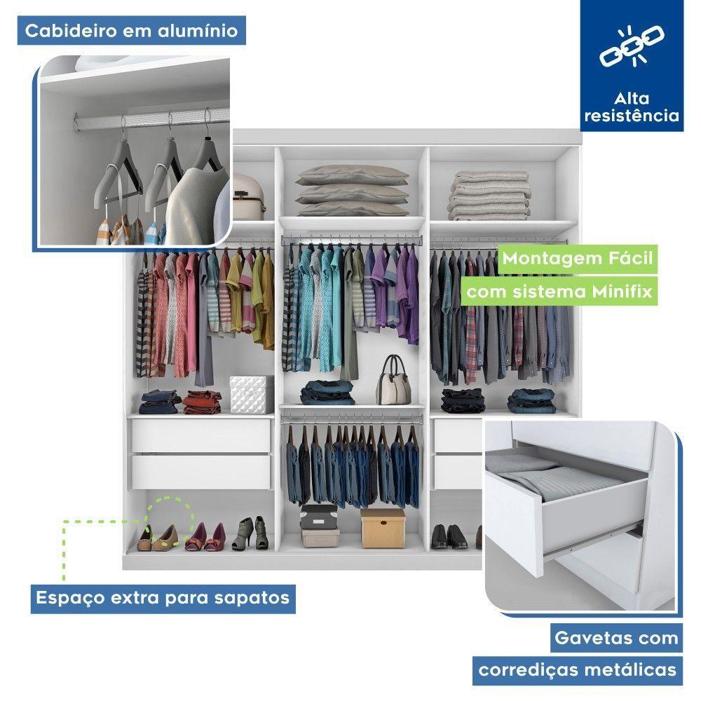 Guarda Roupa Casal Barcelona Branco 3 Portas De Correr 4 Gavetas E 3 Espelhos Minastex - 4
