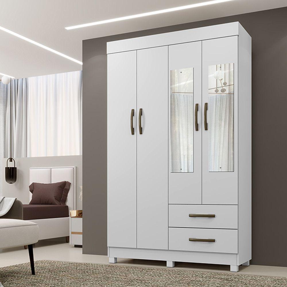 Roupeiro Copacabana Branco 4 Portas Com Espelho Benetil Móveis Branco - 1