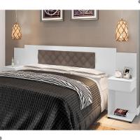 Cabeceira Box Bruna Branco Com Capitonê Bege Escuro - 1