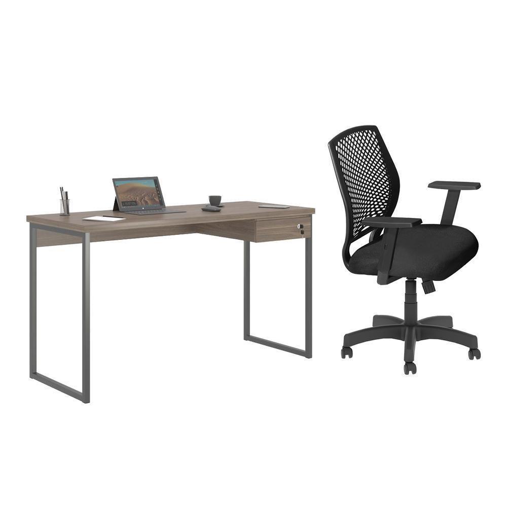 Jogo Mesa Com Gaveteiro E Cadeira Inclinável Affara Preto - 1