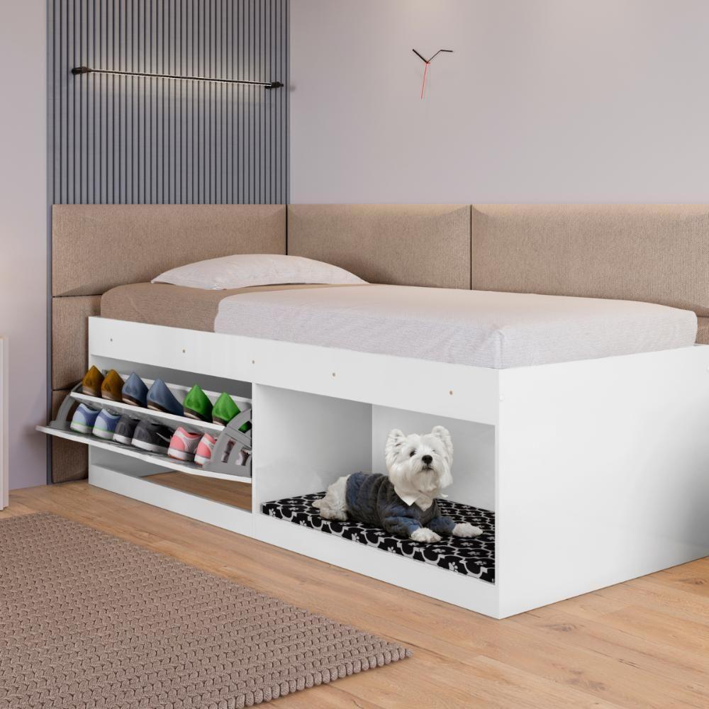 Box Solteiro 2 Prateleiras Flórida Com Kit Pet E Colchão Branco - 1