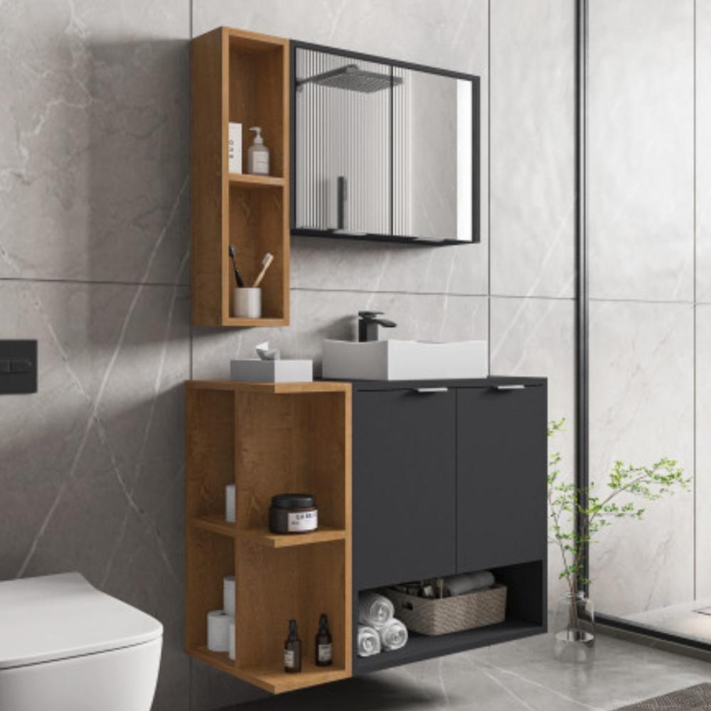 Conjunto Gabinete E Espelheira Rennes Preto Fosco Naturalle - 1