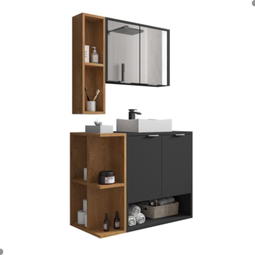 Conjunto Gabinete E Espelheira Rennes Preto Fosco Naturalle - 3