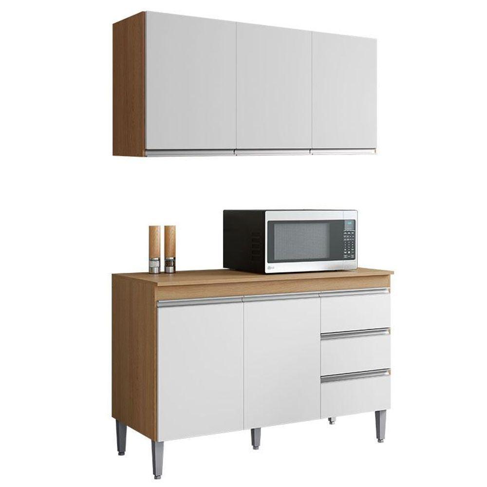 Balcão De Cozinha Com Tampo 120cm E Armário Aéreo Andreia Amêndoa Branco - Ajl - 1