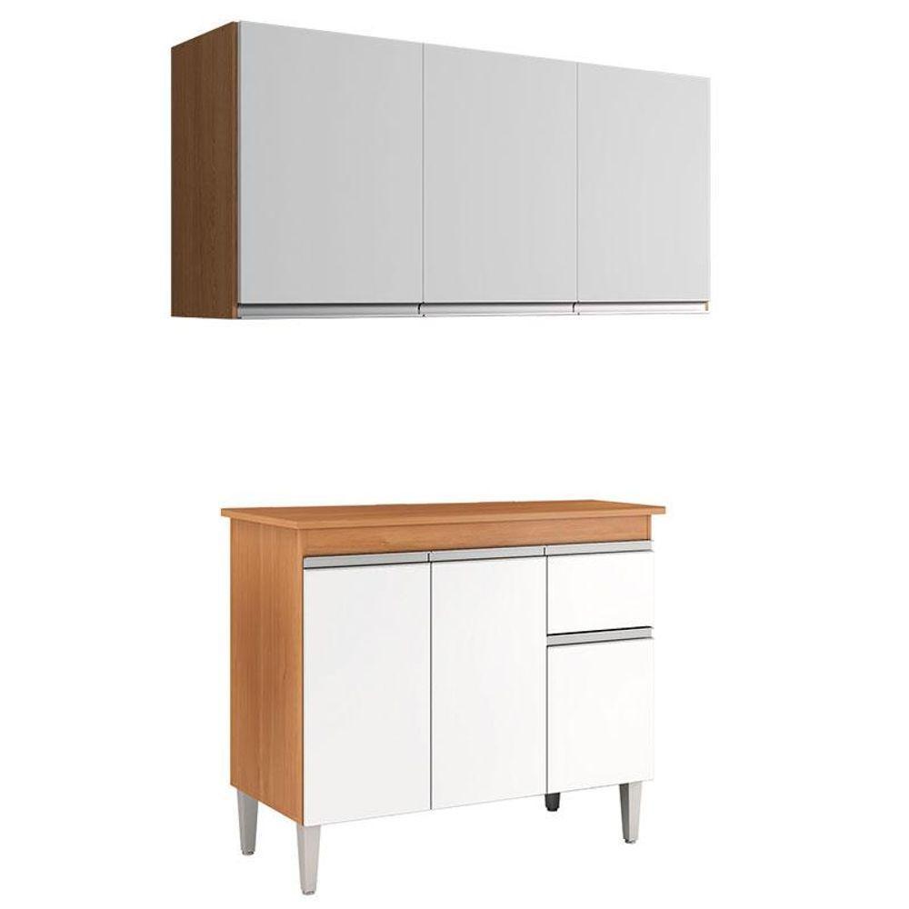 Balcão De Cozinha Tatiane Com Tampo 100cm E Armário Aéreo Andréia 3 Portas Amêndoa Branco - Ajl - 1