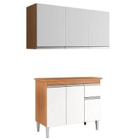 Balcão De Cozinha Tatiane Com Tampo 100cm E Armário Aéreo Andréia 3 Portas Amêndoa Branco - Ajl - 1