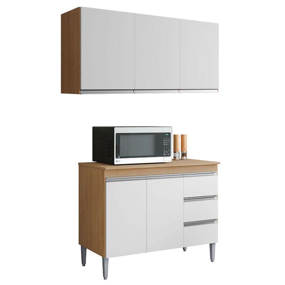 Balcão De Cozinha Com Tampo 100cm E Armário Aéreo 3 Portas Andréia Amêndoa Branco - Ajl - 1