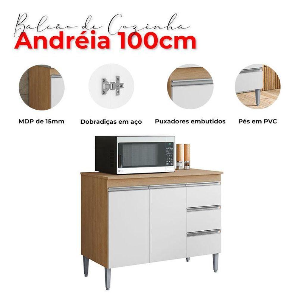 Balcão De Cozinha Com Tampo 100cm E Armário Aéreo 3 Portas Andréia Amêndoa Branco - Ajl - 6