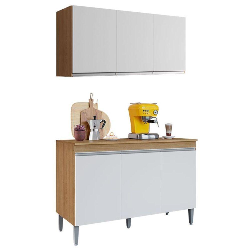 Balcão De Cozinha Manu Com Tampo 120cm E Armário Aéreo Andréia Amêndoa Branco - Ajl - 1