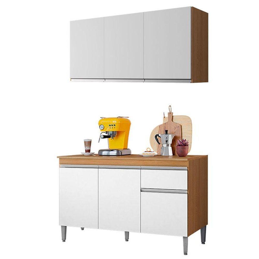 Balcão De Cozinha Tatiane Com Tampo 120cm E Armário Aéreo Andréia 3 Portas Amêndoa Branco - Ajl - 1