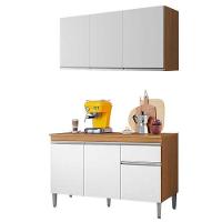 Balcão De Cozinha Tatiane Com Tampo 120cm E Armário Aéreo Andréia 3 Portas Amêndoa Branco - Ajl - 1