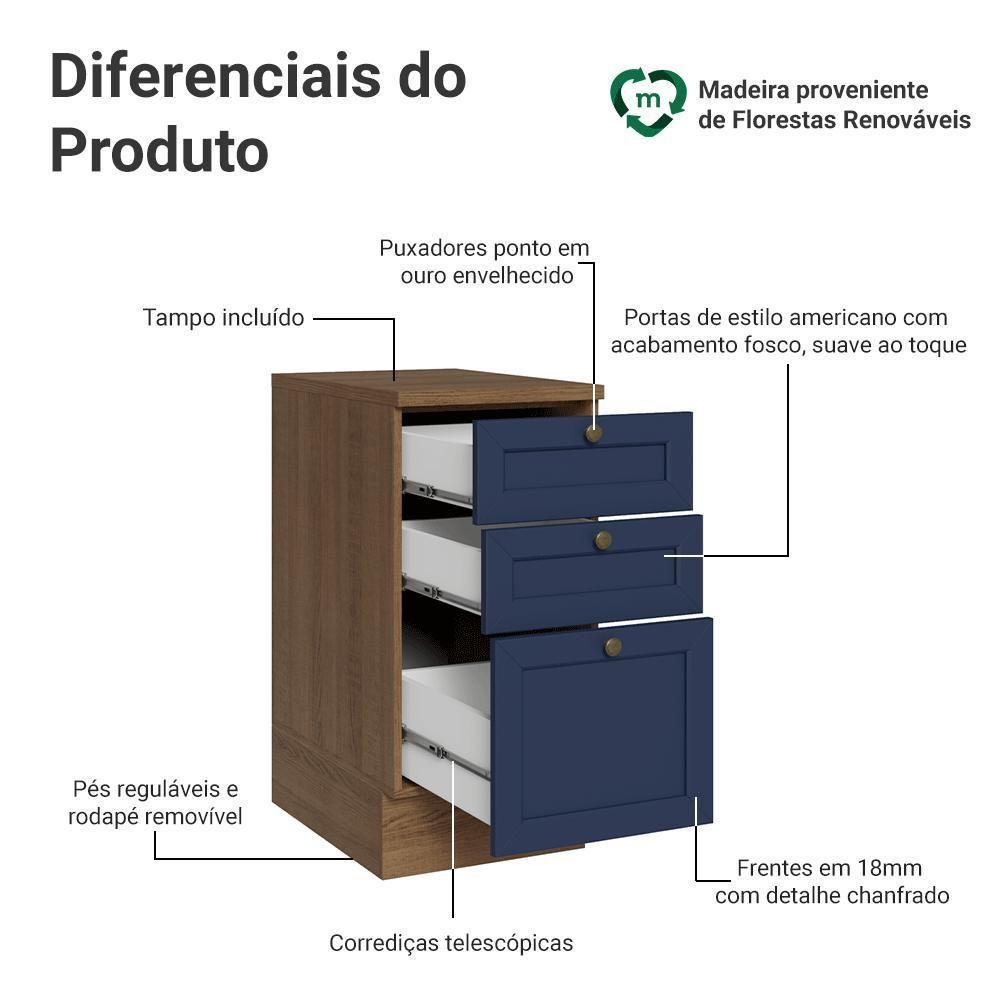 Balcão De Cozinha 40 Cm 3 Gavetas Rustic/azul Vik Madesa Rustic/azul - 2