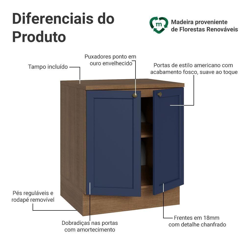 Balcão De Cozinha 70 Cm 2 Portas Rustic/azul Vik Madesa Rustic/azul - 3