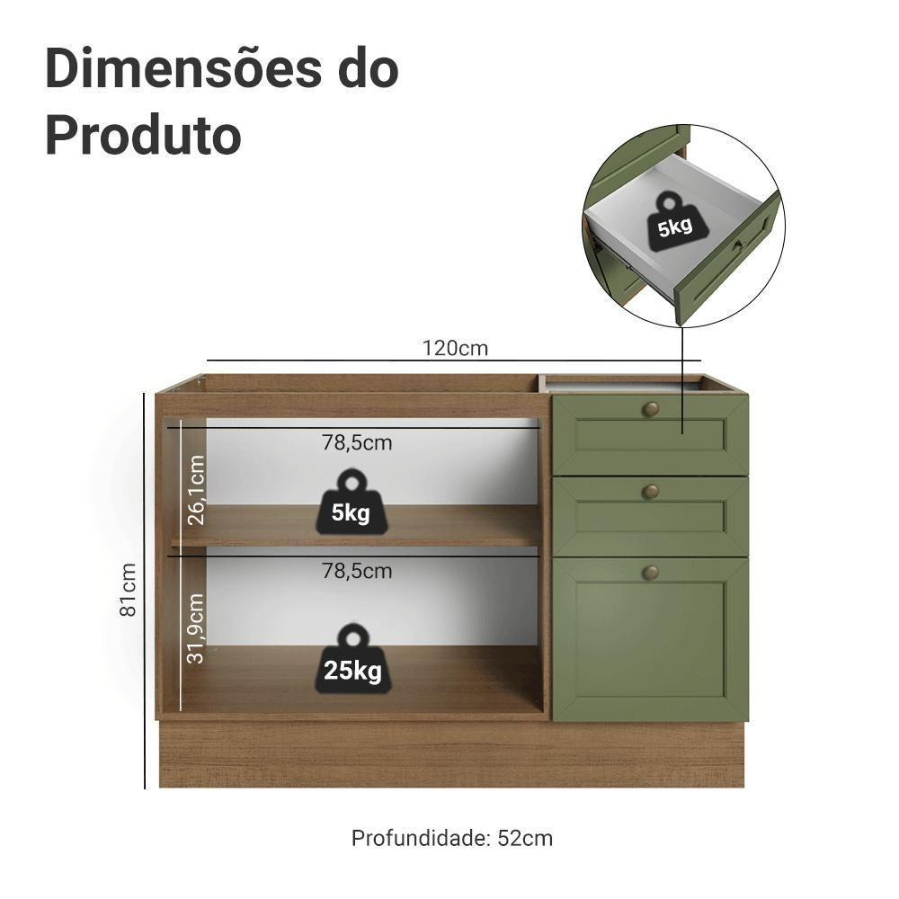 Balcão De Pia 120 Cm 2 Portas 3 Gavetas (sem Tampo) Rustic/verde Vik Madesa Rustic/verde - 2