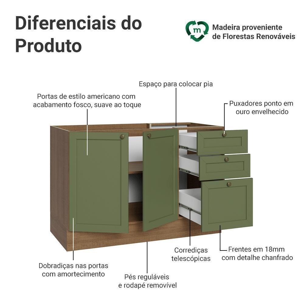 Balcão De Pia 120 Cm 2 Portas 3 Gavetas (sem Tampo) Rustic/verde Vik Madesa Rustic/verde - 3