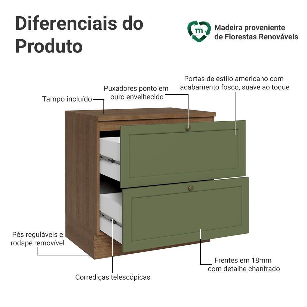 Balcão De Cozinha 80 Cm 2 Gavetas Rustic/verde Vik Madesa Rustic/verde - 3
