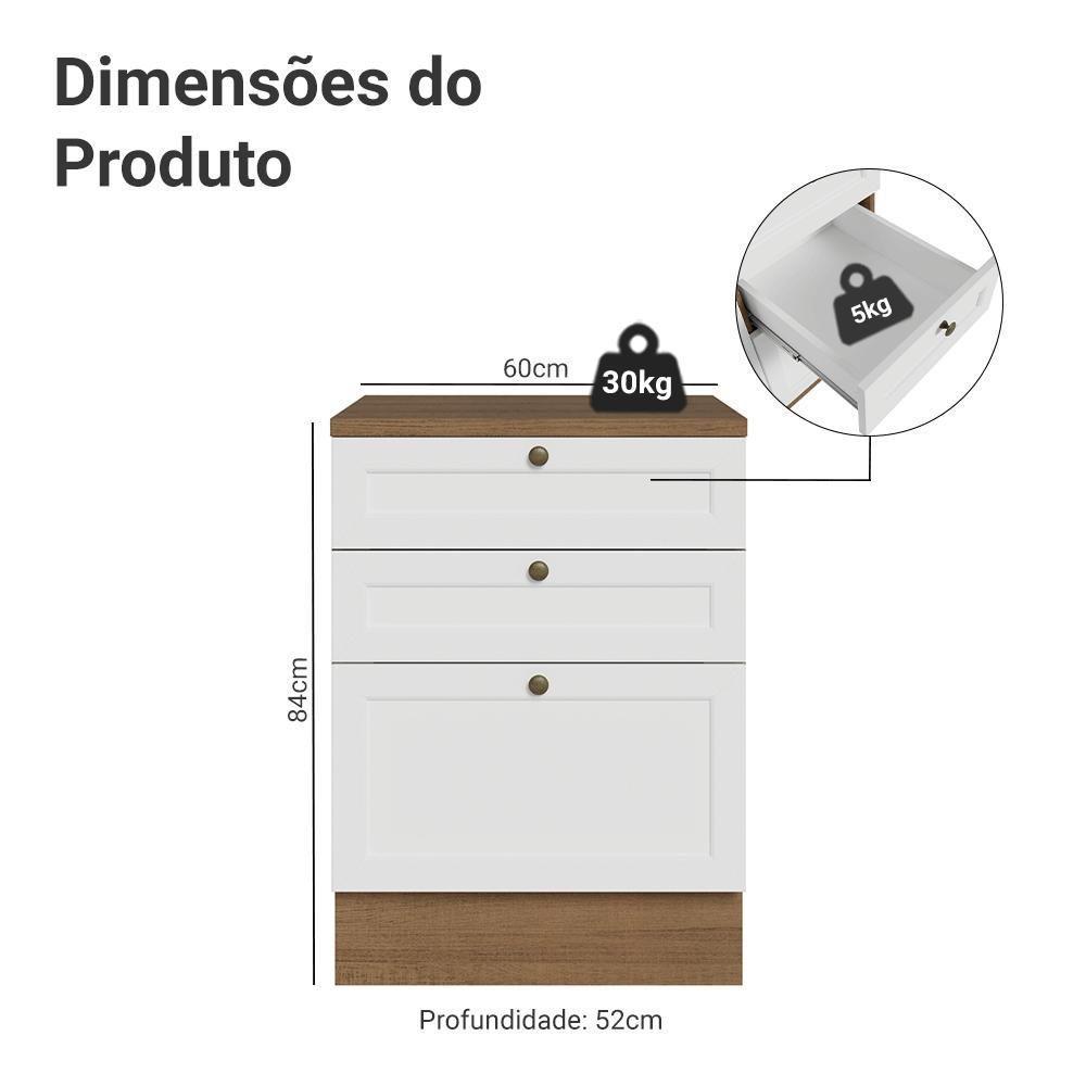 Balcão De Cozinha 60 Cm 3 Gavetas Rustic/branco Vik Madesa Rustic/branco - 6
