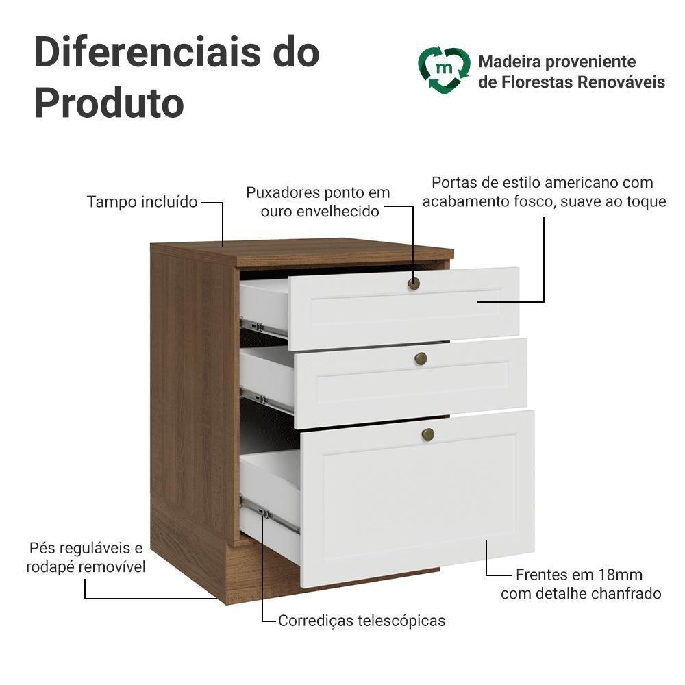 Balcão De Cozinha 60 Cm 3 Gavetas Rustic/branco Vik Madesa Rustic/branco - 7