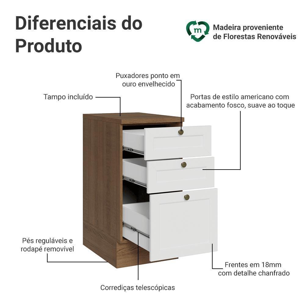 Balcão De Cozinha 40 Cm 3 Gavetas Rustic/branco Vik Madesa Rustic/branco - 3