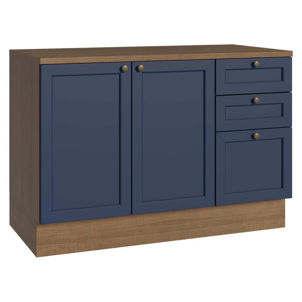 Balcão De Cozinha 120 Cm 2 Portas 3 Gavetas Rustic/azul Vik Madesa Rustic/azul - 1