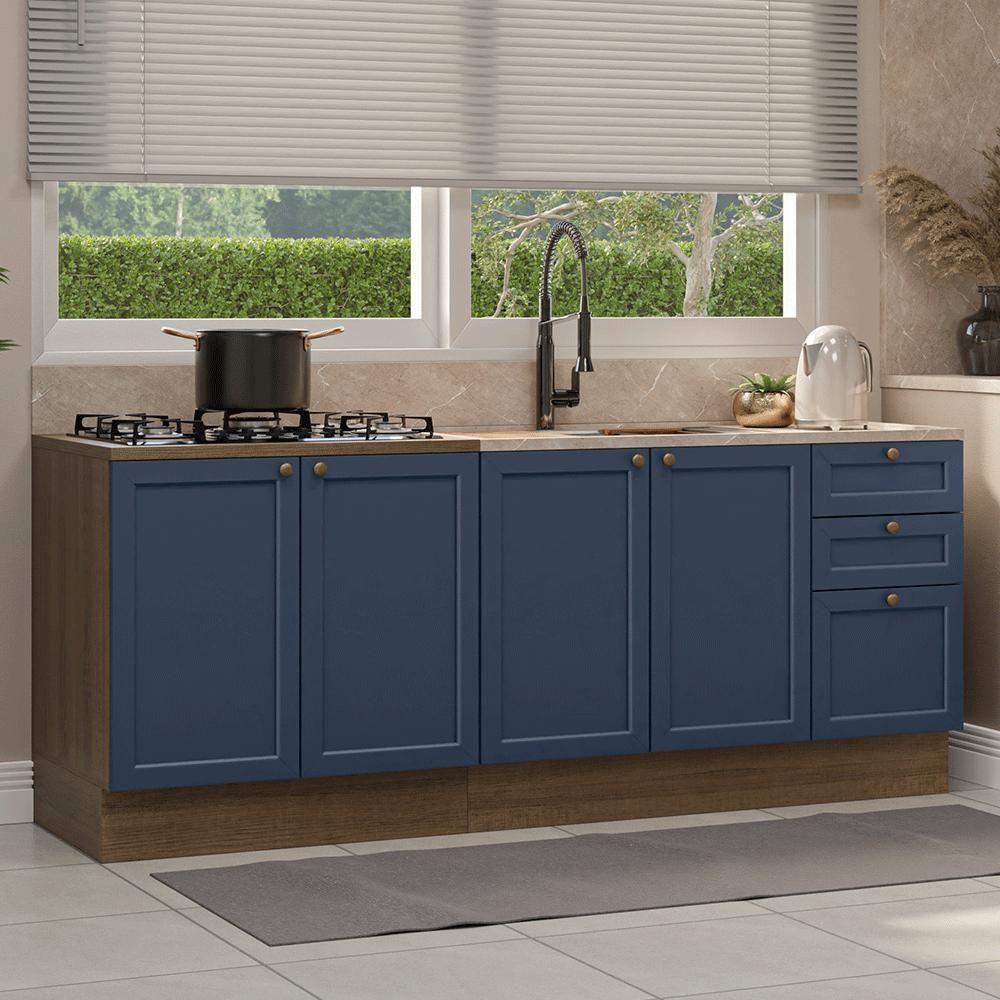 Kit Com 2 Balcões De Cozinha 3 Gavetas 4 Portas (sem Tampo E Pia) Rustic/azul Vik Madesa 01 Rustic/azul - 1
