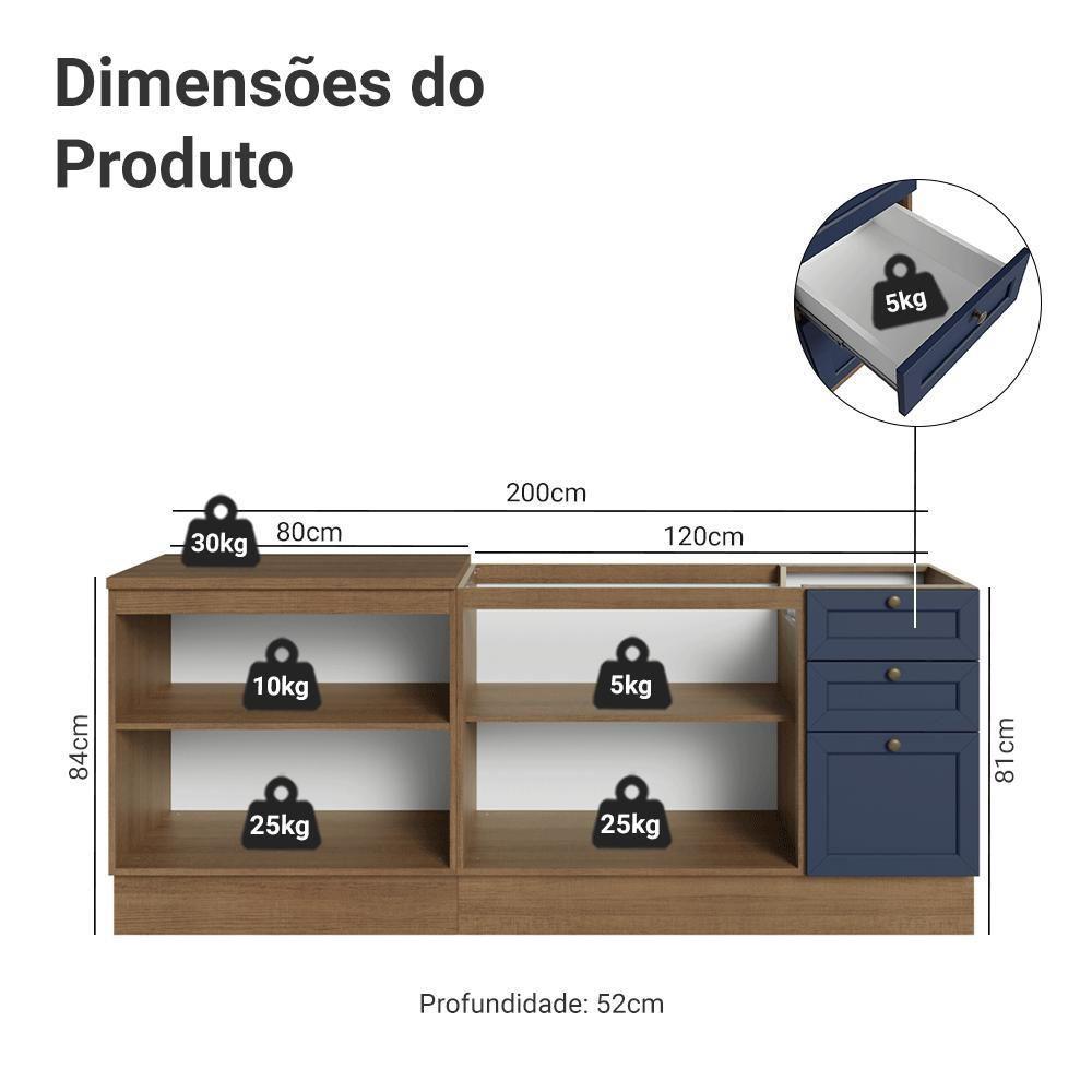 Kit Com 2 Balcões De Cozinha 3 Gavetas 4 Portas (sem Tampo E Pia) Rustic/azul Vik Madesa 01 Rustic/azul - 2