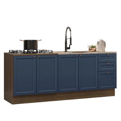 Kit Com 2 Balcões De Cozinha 3 Gavetas 4 Portas (sem Tampo E Pia) Rustic/azul Vik Madesa 01 Rustic/azul