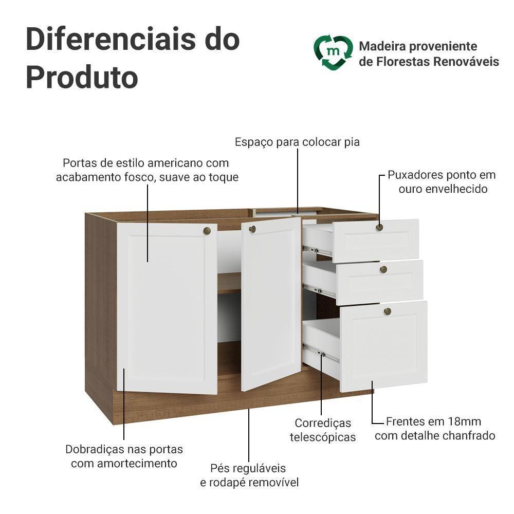Balcão De Pia 120 Cm 2 Portas 3 Gavetas (sem Tampo) Rustic/branco Vik Madesa Rustic/branco - 3