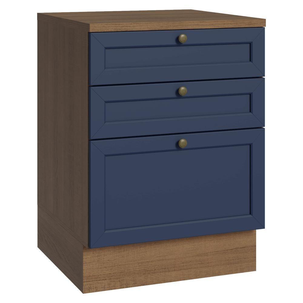 Balcão De Cozinha 60 Cm 3 Gavetas Rustic/azul Vik Madesa Rustic/azul - 1