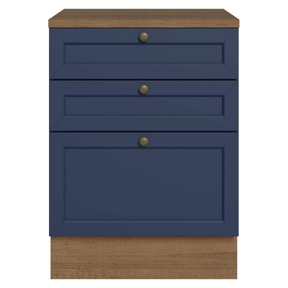 Balcão De Cozinha 60 Cm 3 Gavetas Rustic/azul Vik Madesa Rustic/azul - 9