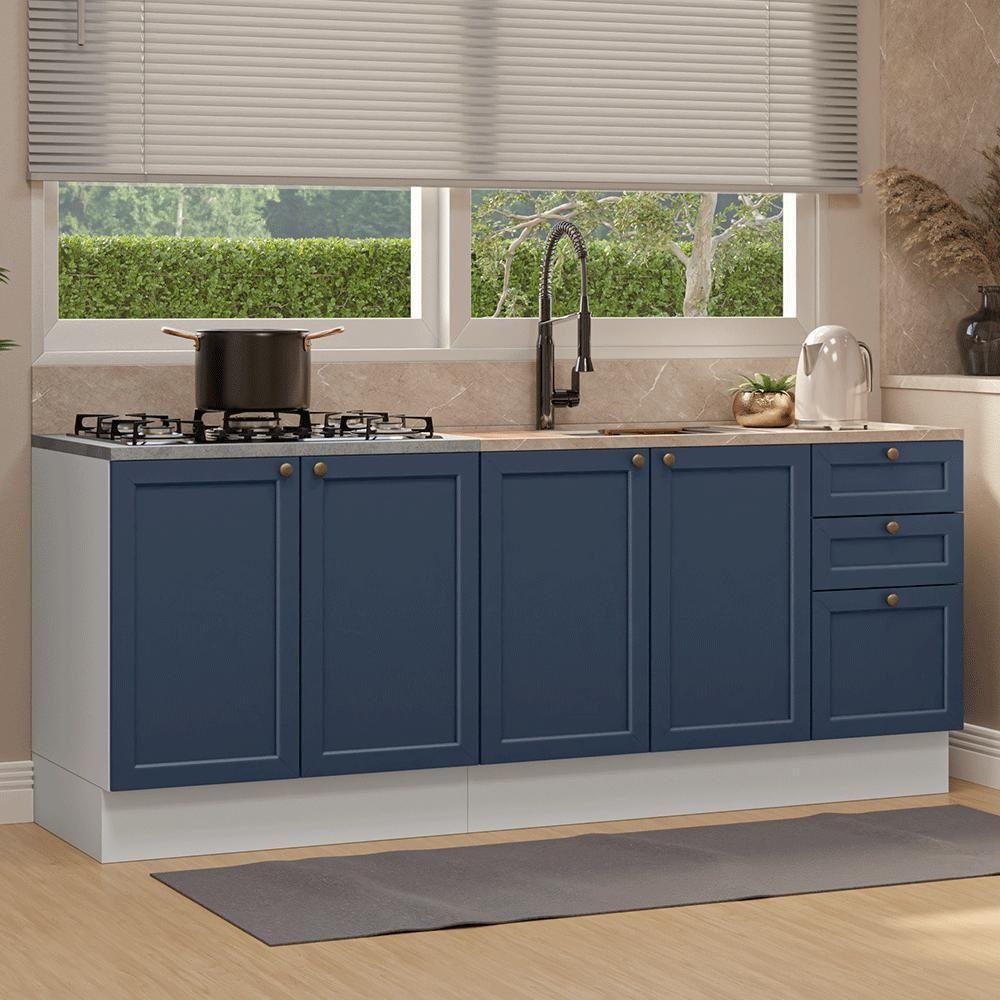 Kit Com 2 Balcões De Cozinha 3 Gavetas 4 Portas (sem Tampo E Pia) Branco/azul Vik Madesa 01 Branco/azul - 1