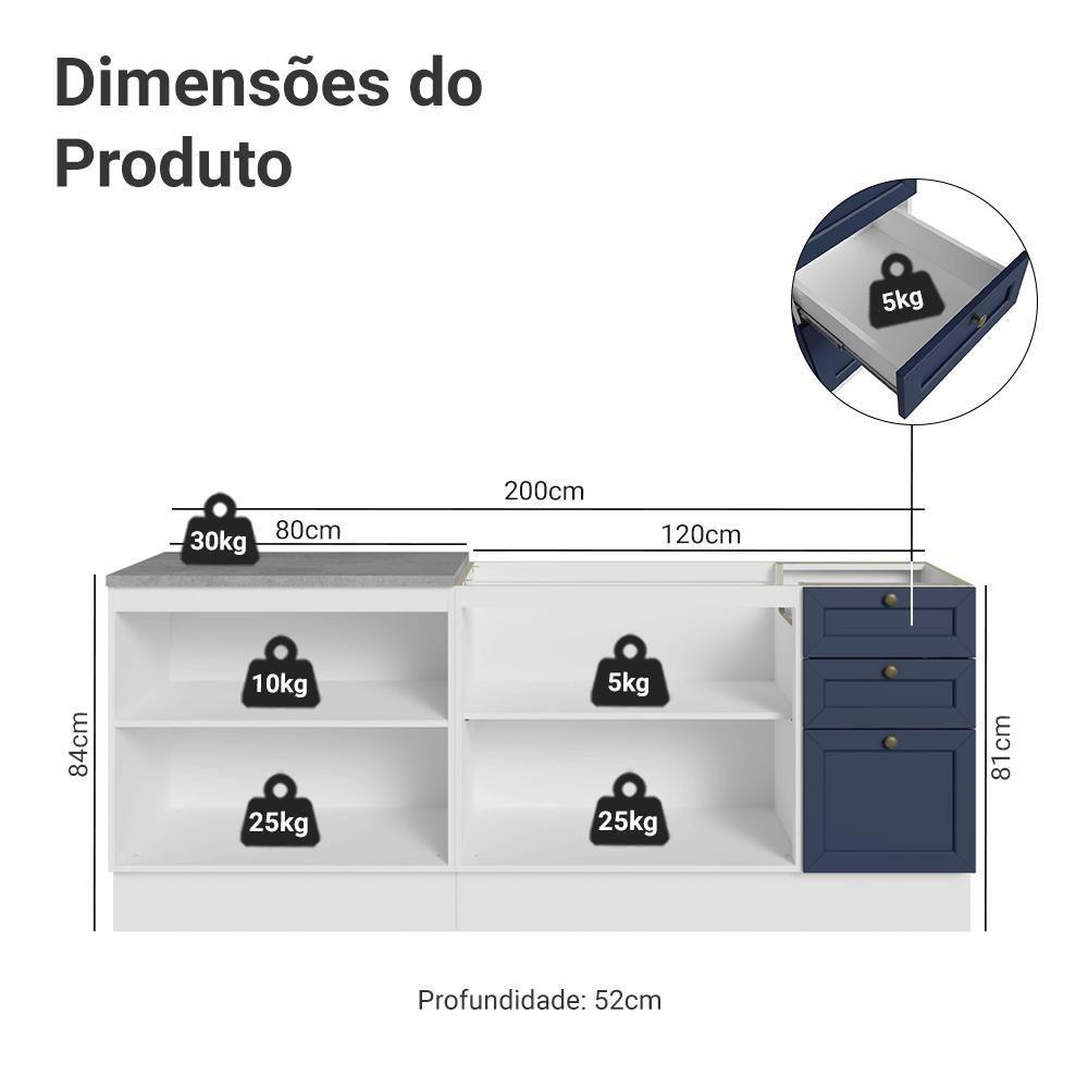 Kit Com 2 Balcões De Cozinha 3 Gavetas 4 Portas (sem Tampo E Pia) Branco/azul Vik Madesa 01 Branco/azul - 9