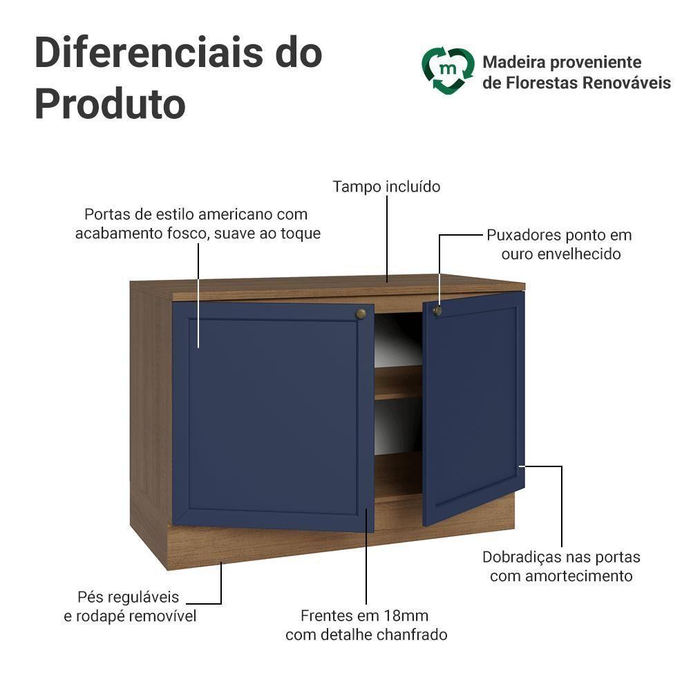 Balcão De Cozinha 120 Cm 2 Portas Rustic/azul Vik Madesa Rustic/azul - 3