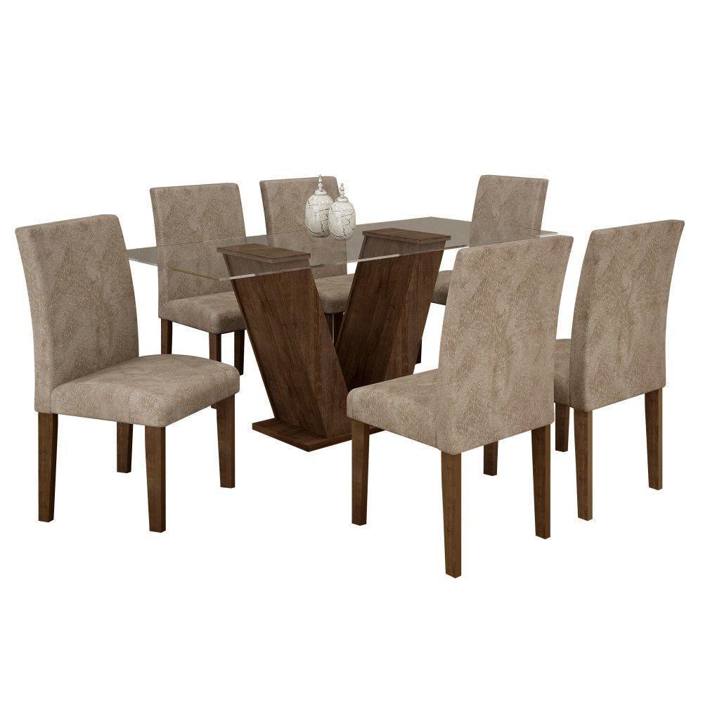 Conjunto Sala De Jantar Mesa Chocolate Com Suede Pena Bege Tampo De Vidro E 6 Cadeiras - 1