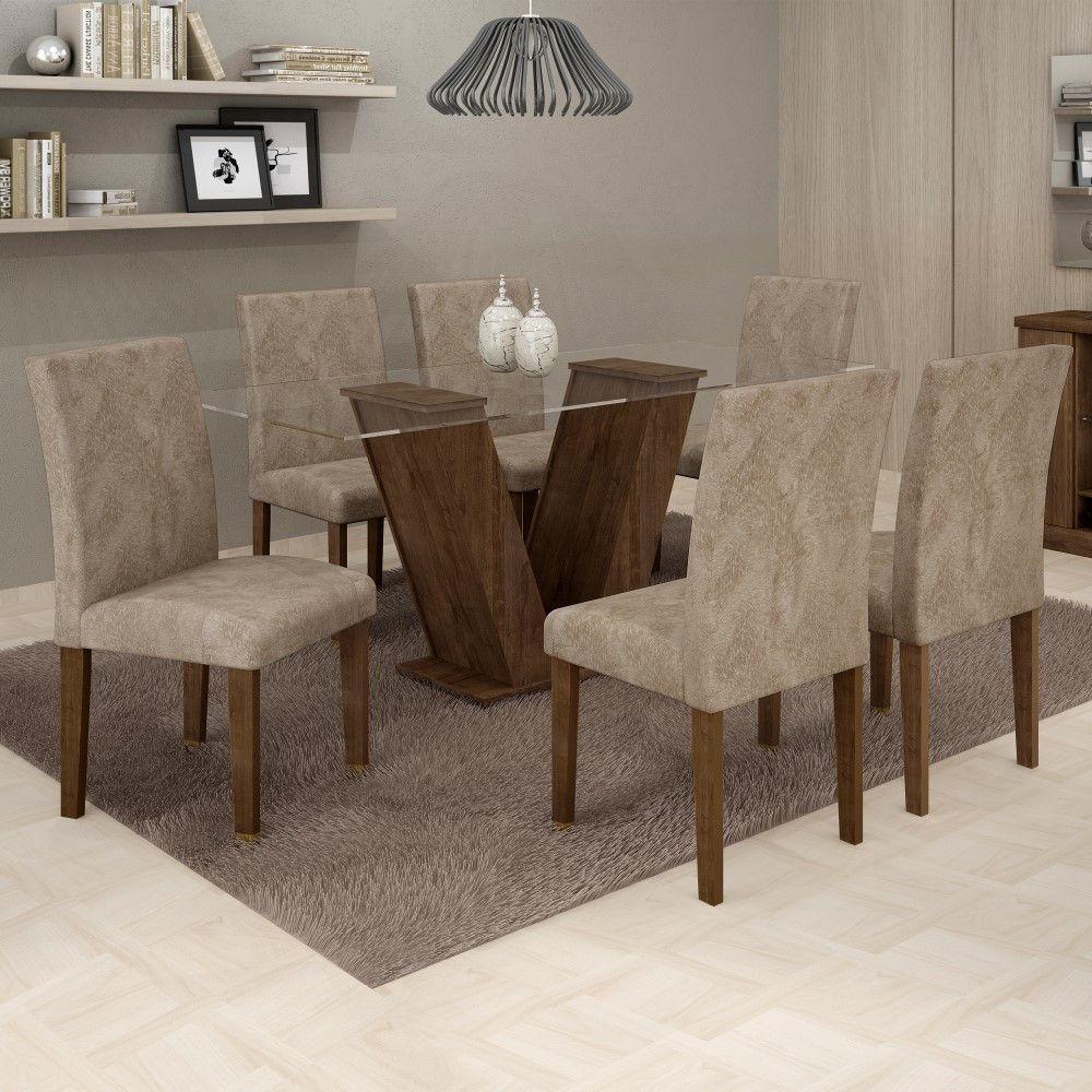 Conjunto Sala De Jantar Mesa Chocolate Com Suede Pena Bege Tampo De Vidro E 6 Cadeiras - 2